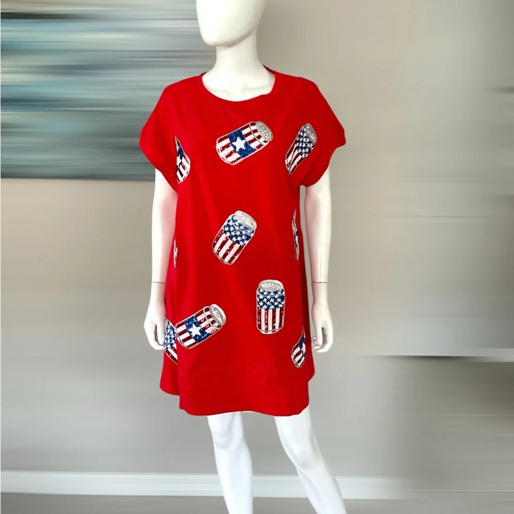 FANTASTIC FAWN patriotic red tunic “cans” dress S M L - Picture 5 of 9